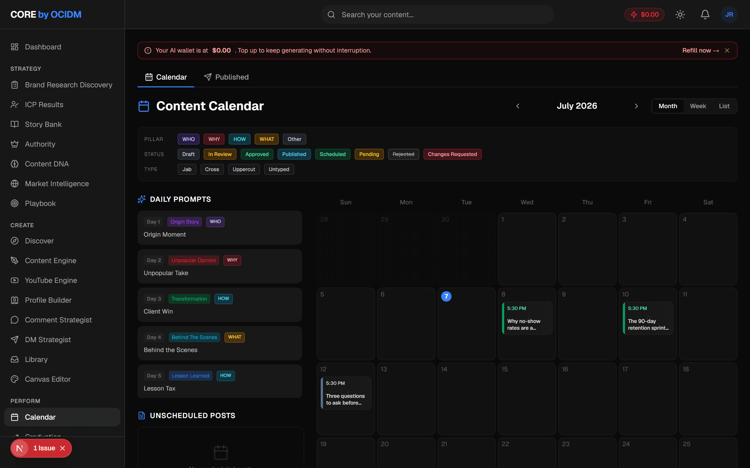 The publishing calendar with scheduled platform-native posts