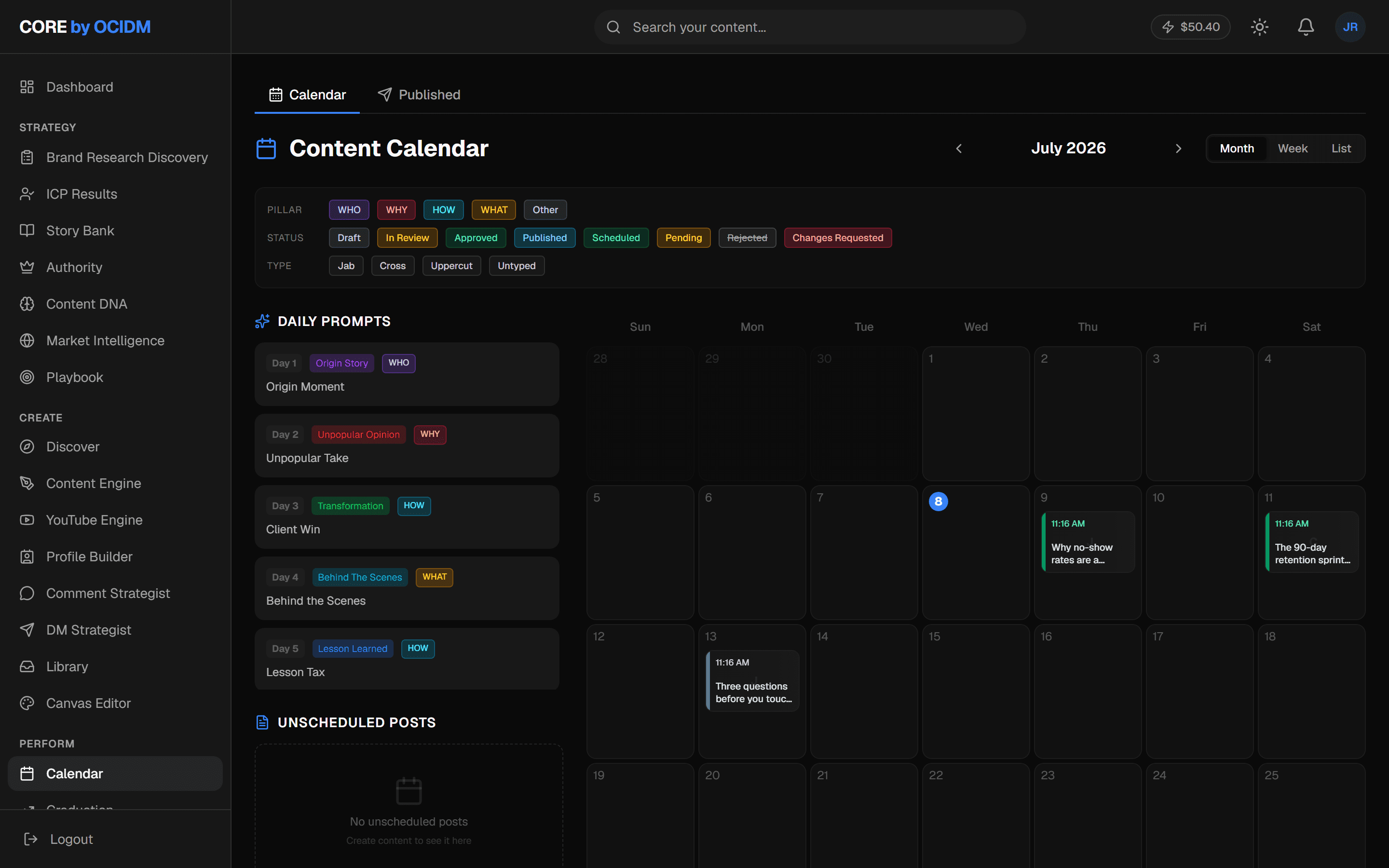 Calendar & analytics in CORE