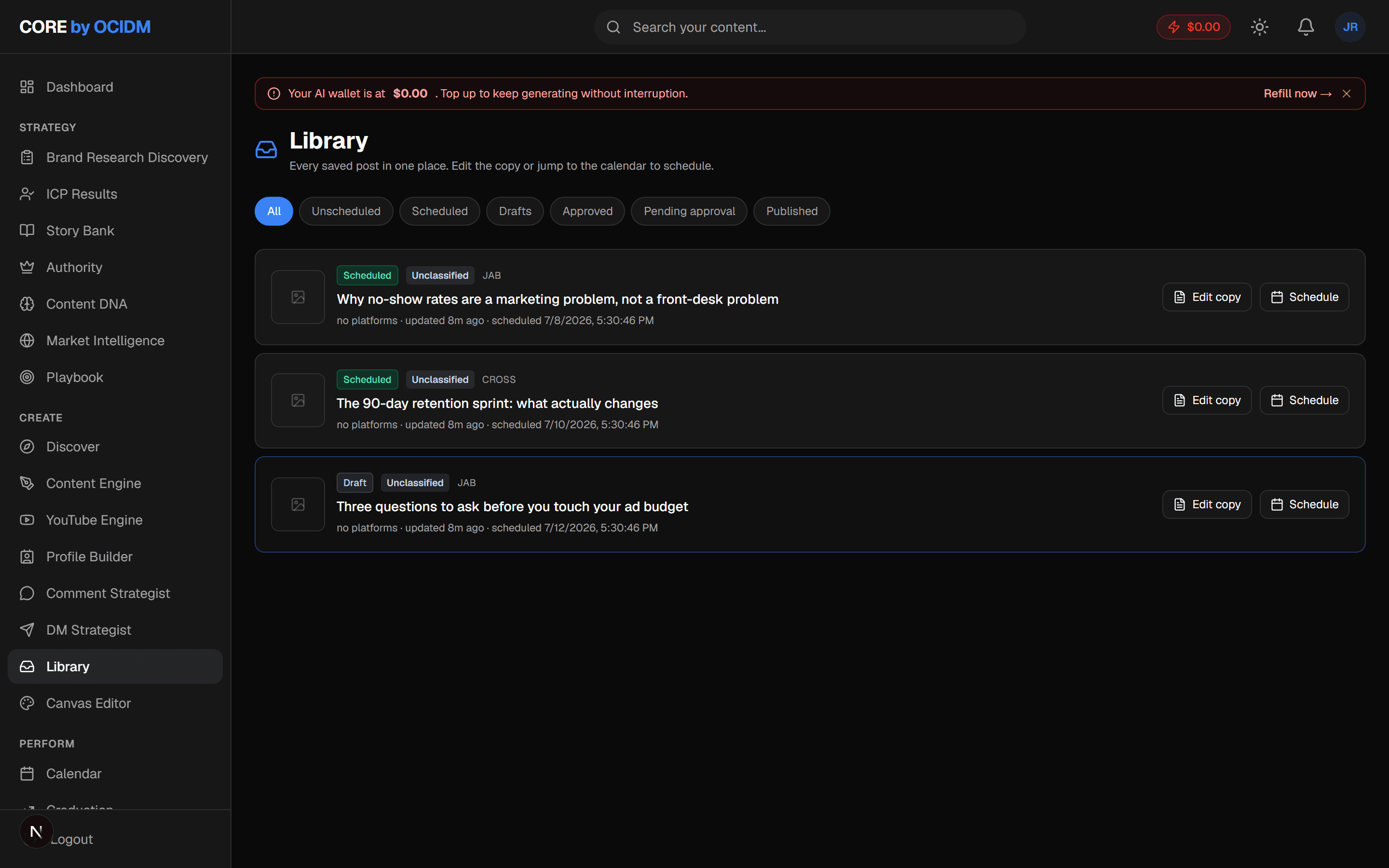 The CORE content library — every asset lives in the product